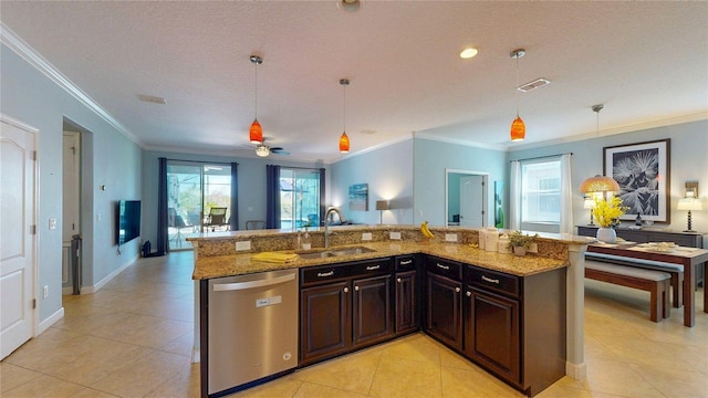 kitchen with stainless steel dishwasher, a sink, crown molding, light tile patterned floors, and plenty of natural light