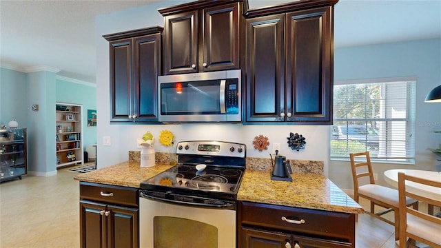 kitchen with stainless steel appliances, crown molding, dark brown cabinetry, and light stone counters