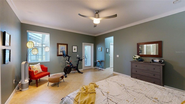 bedroom with baseboards, ornamental molding, and a ceiling fan
