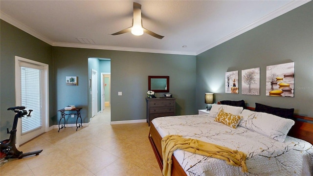 bedroom with ornamental molding, baseboards, and a ceiling fan