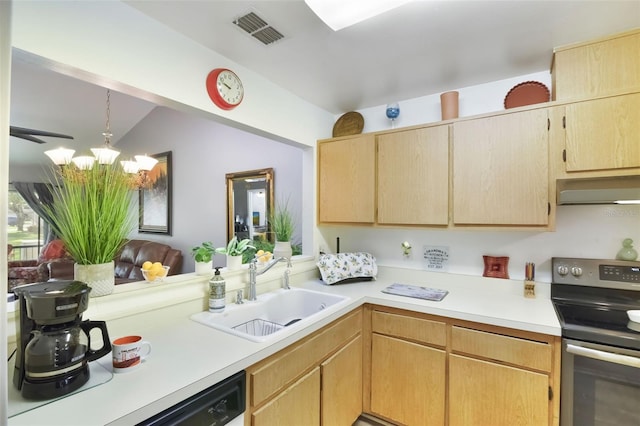 kitchen with exhaust hood, visible vents, a sink, light countertops, and electric stove