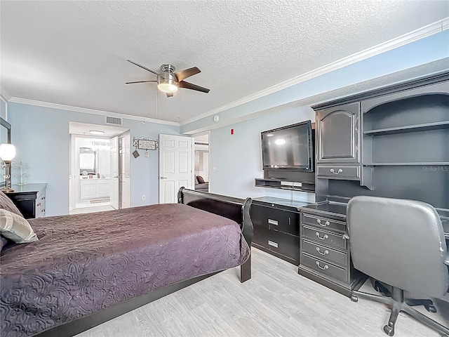 1150 Carmel Cir Unit 301, Casselberry, FL 32707 - bedroom with crown molding, connected bathroom, a textured ceiling, light wood-type flooring, and visible vents