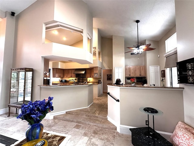8935 Jonathan Manor Dr, Orlando, FL 32819 - kitchen with a peninsula, high vaulted ceiling, ventilation hood, and plenty of natural light