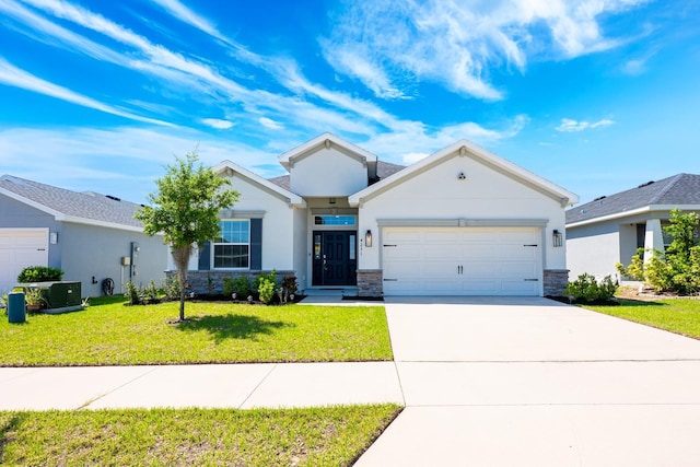 4231 Swan St, Haines City, FL 33844 - ranch-style house with a front yard, an attached garage, stone siding, and stucco siding
