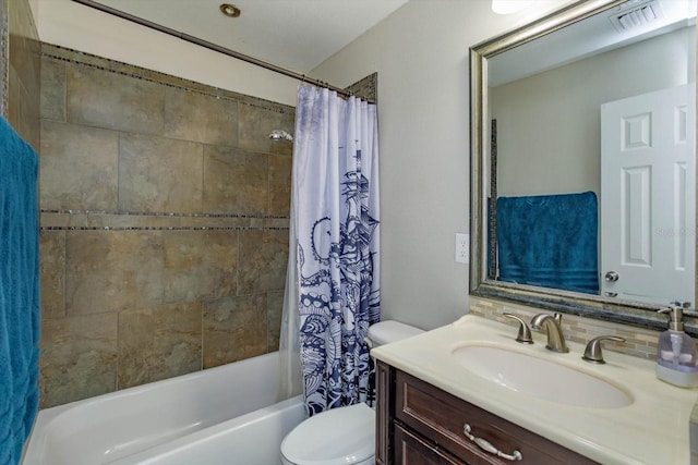 full bathroom with visible vents, shower / tub combo, toilet, vanity, and decorative backsplash