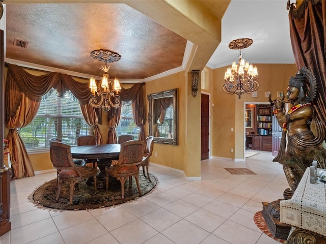 dining area featuring visible vents, baseboards, a chandelier, crown molding, and light tile patterned flooring