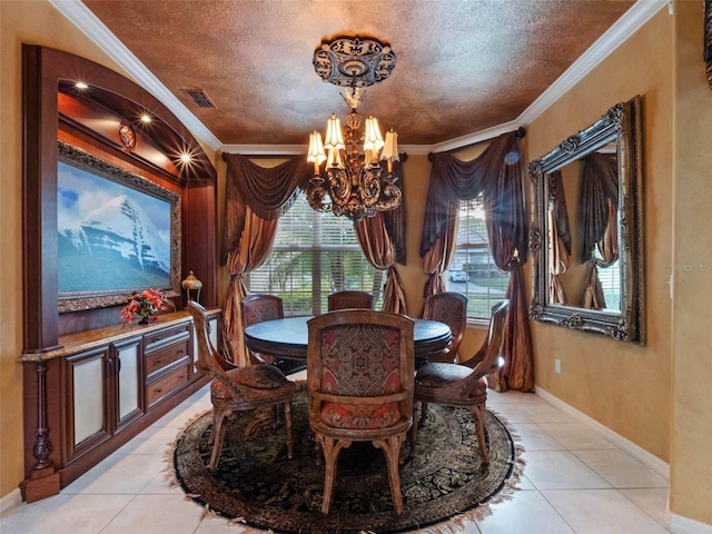 dining room with light tile patterned floors, a notable chandelier, a textured ceiling, and crown molding