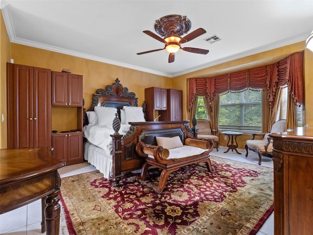 bedroom with light tile patterned floors, visible vents, ornamental molding, and ceiling fan