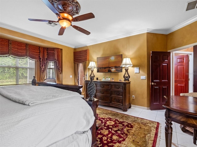 bedroom with tile patterned floors, baseboards, ornamental molding, and visible vents