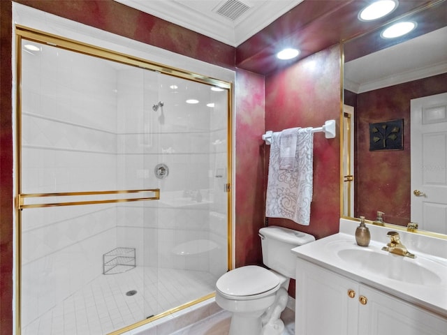 full bath with crown molding, visible vents, toilet, and a shower stall