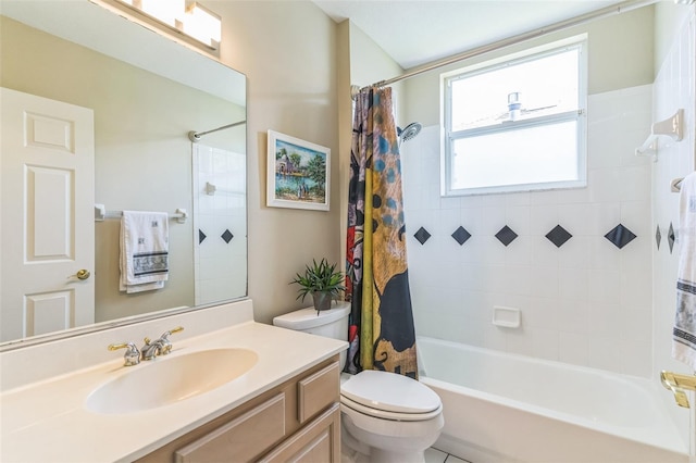 full bath featuring toilet, shower / bath combination with curtain, and vanity