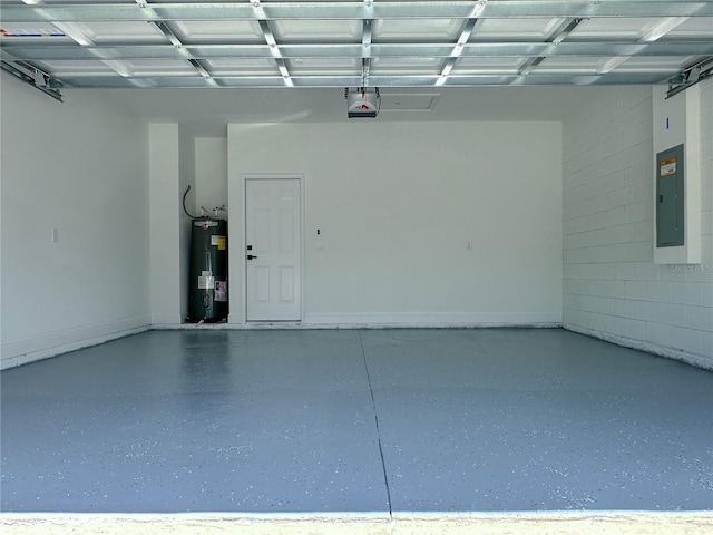 garage with a garage door opener, water heater, and electric panel