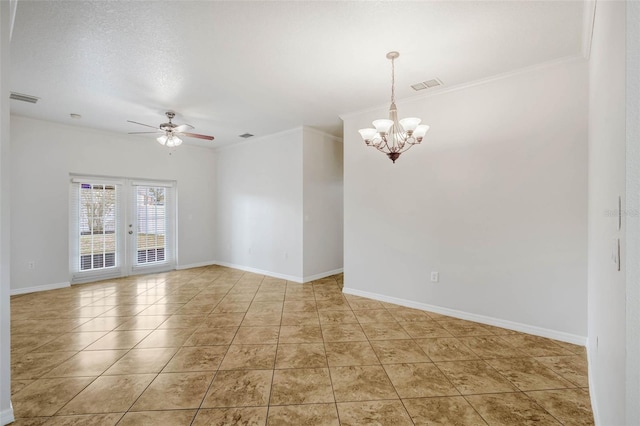 7762 Newlan Dr, Orlando, FL 32818 - spare room featuring visible vents, baseboards, and ceiling fan with notable chandelier