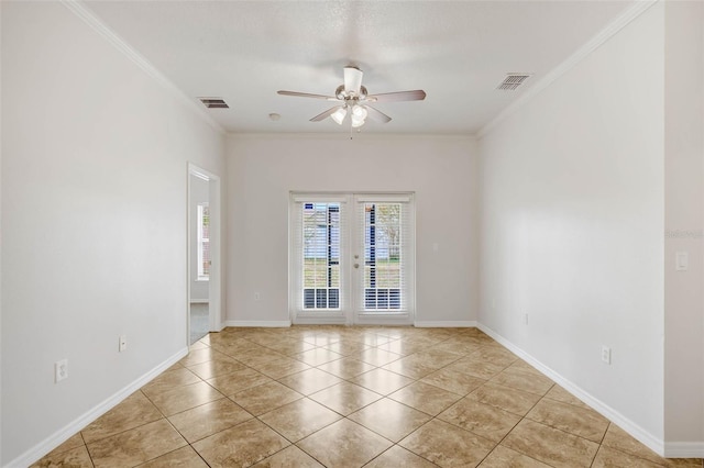 7762 Newlan Dr, Orlando, FL 32818 - spare room featuring crown molding, french doors, a ceiling fan, and visible vents