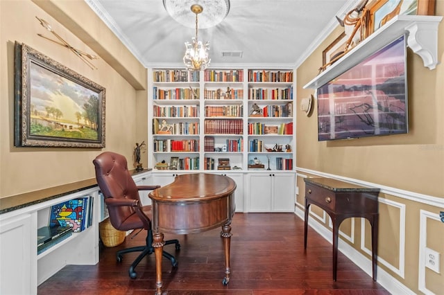 3583 Valleyview Dr, Kissimmee, FL 34746 - office space featuring visible vents, wood finished floors, ornamental molding, and a notable chandelier