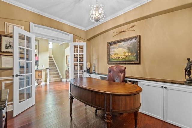 3583 Valleyview Dr, Kissimmee, FL 34746 - office space featuring a chandelier, ornamental molding, french doors, and dark wood-style floors