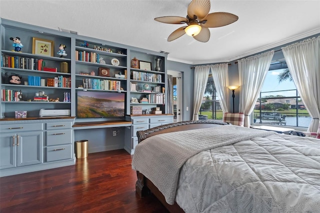 3583 Valleyview Dr, Kissimmee, FL 34746 - bedroom with dark wood finished floors, access to exterior, ceiling fan, baseboards, and crown molding