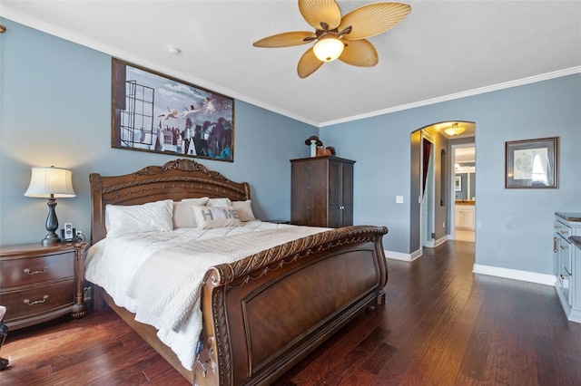 3583 Valleyview Dr, Kissimmee, FL 34746 - bedroom featuring baseboards, arched walkways, ornamental molding, and wood finished floors