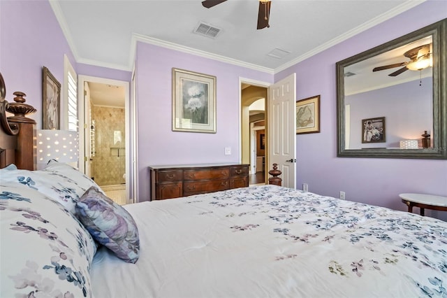 3583 Valleyview Dr, Kissimmee, FL 34746 - bedroom with connected bathroom, ceiling fan, crown molding, visible vents, and arched walkways