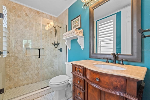 3583 Valleyview Dr, Kissimmee, FL 34746 - bathroom featuring tile patterned flooring, a shower stall, ornamental molding, toilet, and vanity