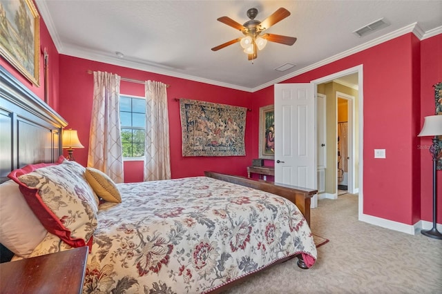 3583 Valleyview Dr, Kissimmee, FL 34746 - carpeted bedroom featuring visible vents, ceiling fan, ornamental molding, and baseboards
