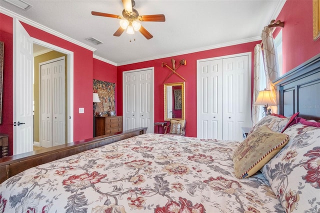 3583 Valleyview Dr, Kissimmee, FL 34746 - bedroom with visible vents, a ceiling fan, crown molding, and multiple closets