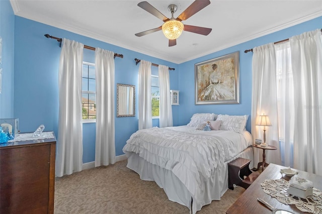 3583 Valleyview Dr, Kissimmee, FL 34746 - bedroom featuring light colored carpet, crown molding, a ceiling fan, and baseboards