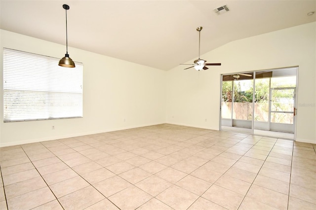 4626 Redmond Pl, Sanford, FL 32771 - spare room featuring lofted ceiling, baseboards, light tile patterned flooring, visible vents, and ceiling fan
