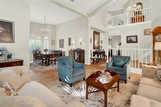 738 Powderhorn Cir, Lake Mary, FL 32746 - living area with a notable chandelier, baseboards, light tile patterned floors, a high ceiling, and stairs