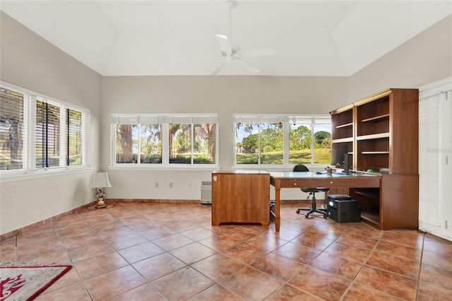 738 Powderhorn Cir, Lake Mary, FL 32746 - home office with light tile patterned floors, ceiling fan, high vaulted ceiling, and a healthy amount of sunlight