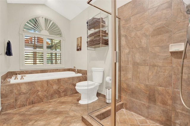 738 Powderhorn Cir, Lake Mary, FL 32746 - bathroom featuring a shower stall, a bath, vaulted ceiling, and toilet