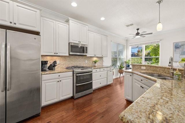 7837 Bostonian Dr, Winter Garden, FL 34787 - kitchen featuring a sink, appliances with stainless steel finishes, ornamental molding, and visible vents
