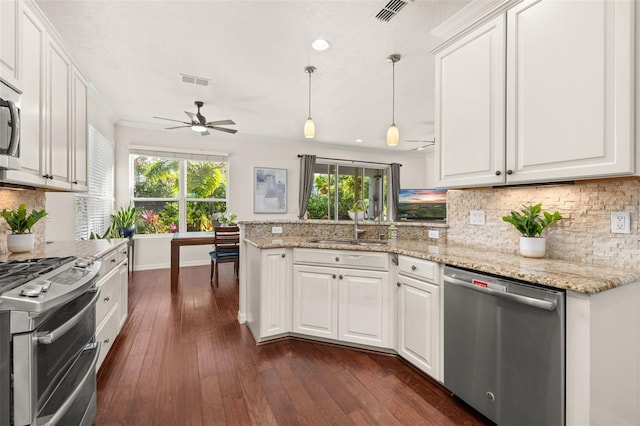 7837 Bostonian Dr, Winter Garden, FL 34787 - kitchen with appliances with stainless steel finishes, a sink, dark wood finished floors, a peninsula, and visible vents