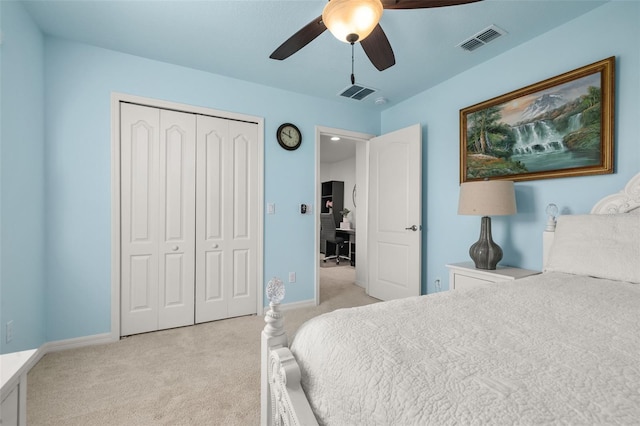 7837 Bostonian Dr, Winter Garden, FL 34787 - bedroom with visible vents, ceiling fan, a closet, and light colored carpet