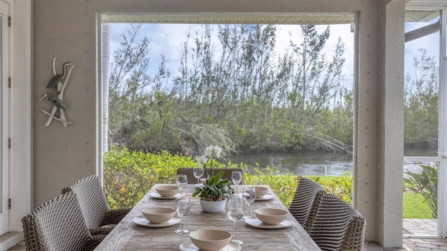 exterior space with a water view