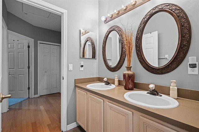 bathroom featuring wood finished floors, double vanity, and a sink