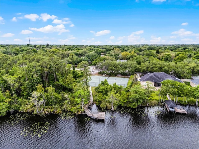 bird's eye view with a water view and a wooded view