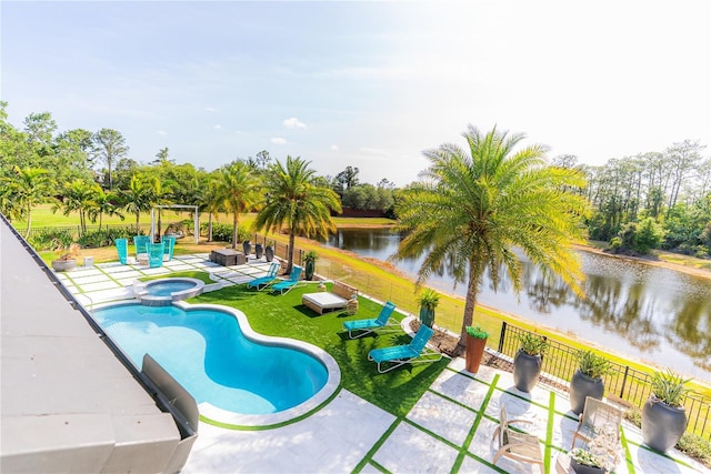 6550 Cartmel Ln, Windermere, FL 34786 - view of pool featuring a fenced backyard, a water view, a patio, and a pool with connected hot tub