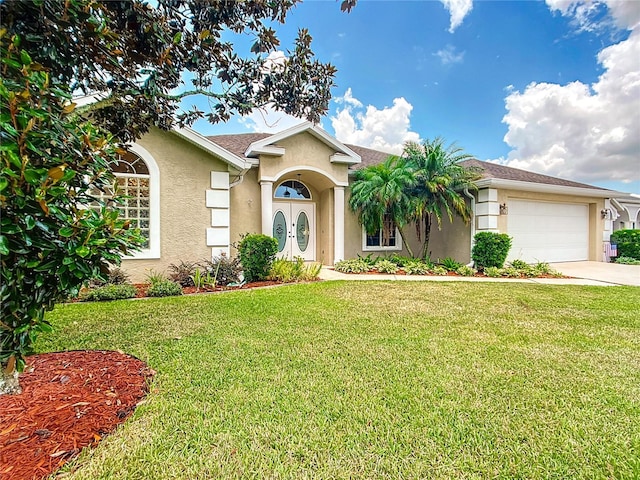 5060 NW 26th St, Ocala, FL 34482 - ranch-style house featuring stucco siding, a front lawn, an attached garage, french doors, and concrete driveway