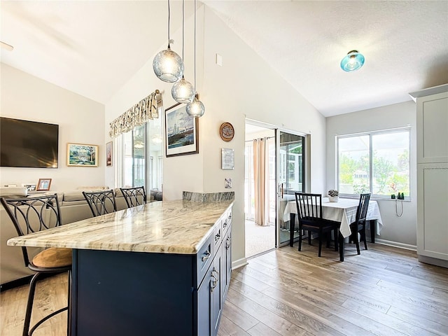 5060 NW 26th St, Ocala, FL 34482 - kitchen with a kitchen breakfast bar, light wood-type flooring, a peninsula, vaulted ceiling, and light stone counters