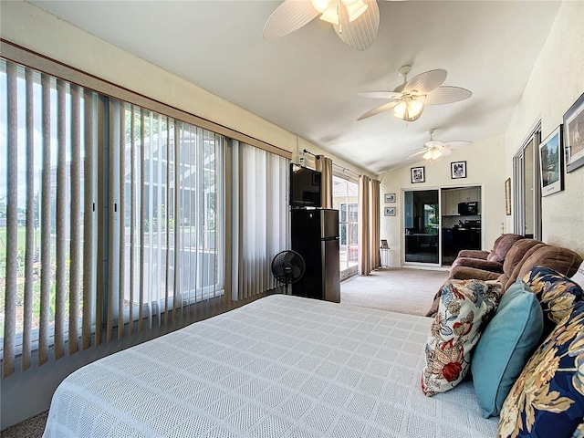 5060 NW 26th St, Ocala, FL 34482 - carpeted bedroom with a ceiling fan, access to exterior, multiple windows, and vaulted ceiling