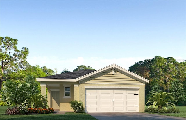 ranch-style home featuring concrete driveway, stucco siding, a garage, and a front lawn