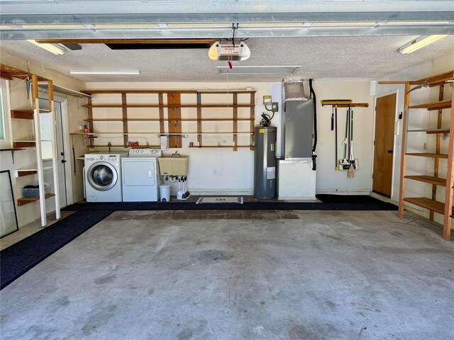 3652 Oak Grove Dr, Sarasota, FL 34243 - garage with water heater, a garage door opener, a sink, and heating unit