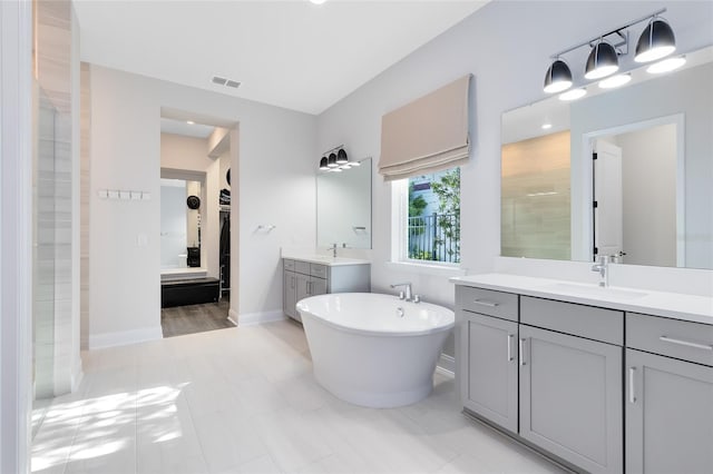 14749 Walcott Ave, Orlando, FL 32827 - full bathroom with baseboards, a soaking tub, a walk in closet, visible vents, and a sink