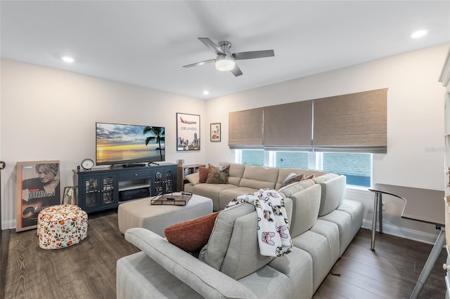 14749 Walcott Ave, Orlando, FL 32827 - living room featuring a ceiling fan, recessed lighting, and dark wood-style floors