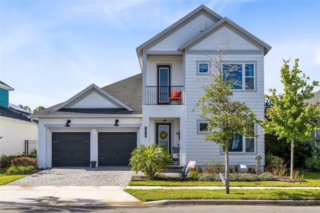 14749 Walcott Ave, Orlando, FL 32827 - view of front of home with roof with shingles, an attached garage, decorative driveway, and a balcony