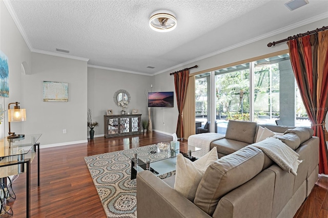 10033 Hart Branch Cir, Orlando, FL 32832 - living area with dark wood-style flooring, a textured ceiling, baseboards, crown molding, and arched walkways