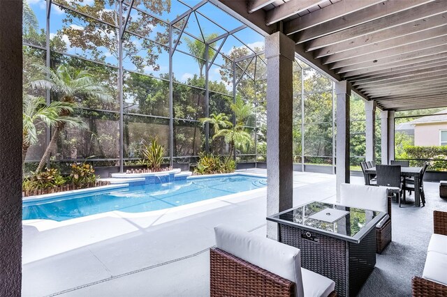 10033 Hart Branch Cir, Orlando, FL 32832 - outdoor pool featuring a patio, outdoor dining space, glass enclosure, and an outdoor hangout area
