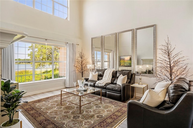 living room featuring a water view, a high ceiling, a wealth of natural light, and wood finished floors