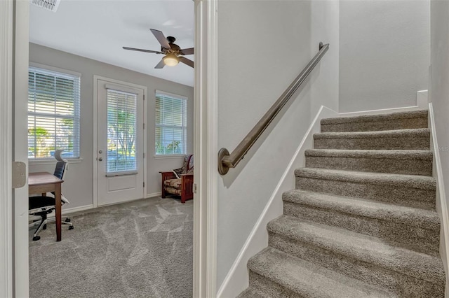 861 Taramundi Dr, Oviedo, FL 32765 - staircase with carpet flooring, a healthy amount of sunlight, a ceiling fan, and baseboards